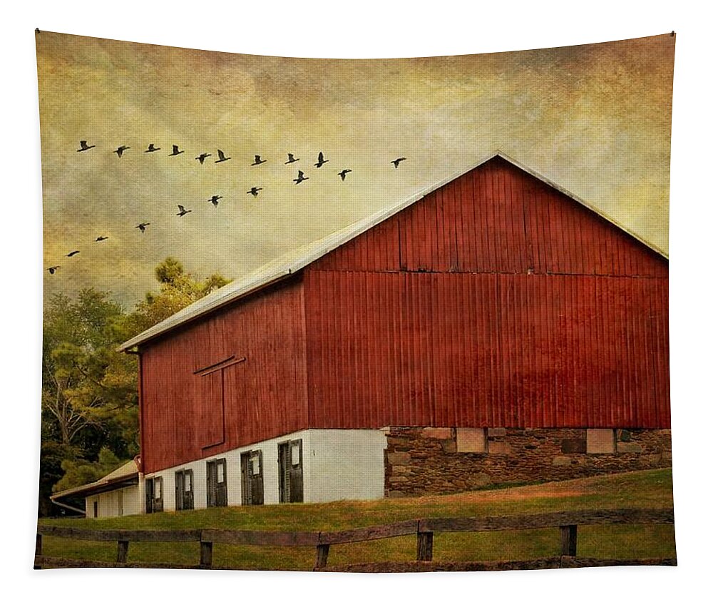 Barn Tapestry featuring the mixed media The Red Barn by Fran J Scott