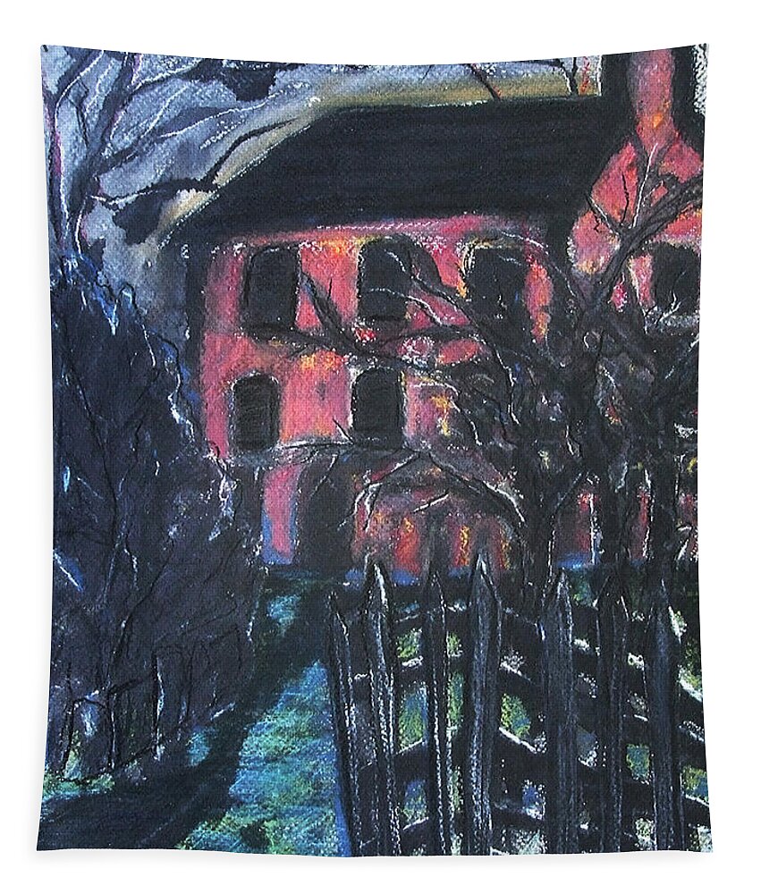 Original Art Pastel Chalk Drawing Red House Tree Fence Tapestry featuring the pastel The Red House by Katt Yanda