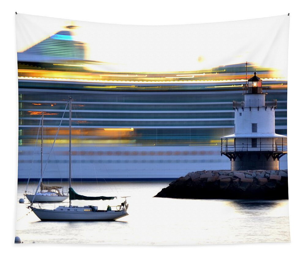 Lighthouse Tapestry featuring the photograph The Sailboats and the Cruise Ship by Colleen Phaedra