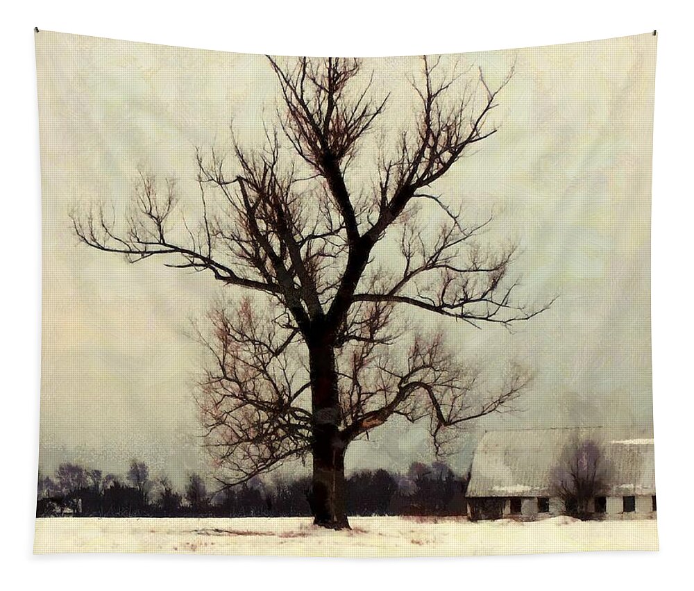 Barn Tapestry featuring the photograph The Sentinel - lone Winter Tree by Janine Riley