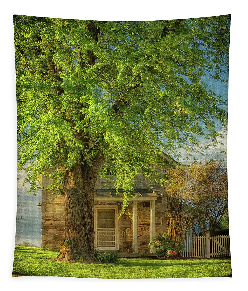 Cottage Tapestry featuring the photograph The Stone Cottage On A Spring Evening by Lois Bryan