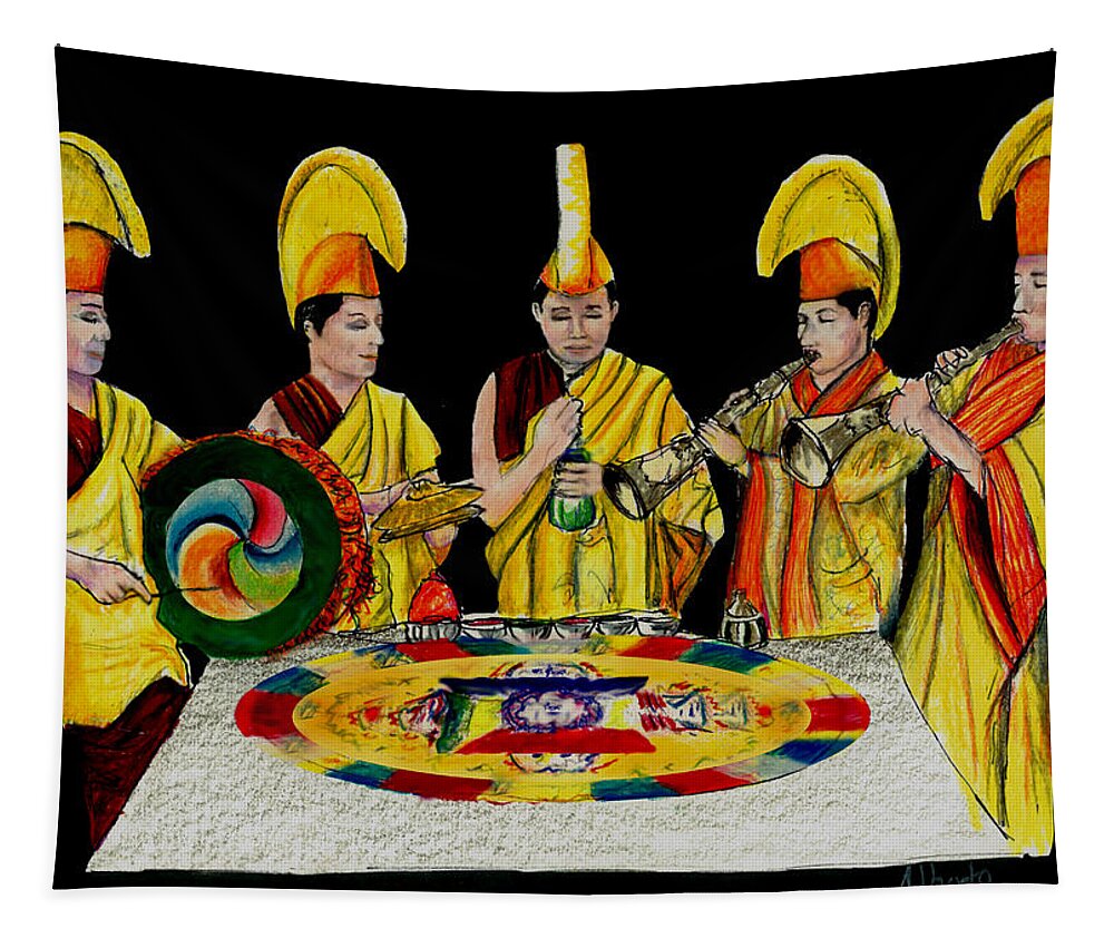 Tibet Tapestry featuring the drawing The Tibetan Monks at Lilydale Assembly by Albert Puskaric
