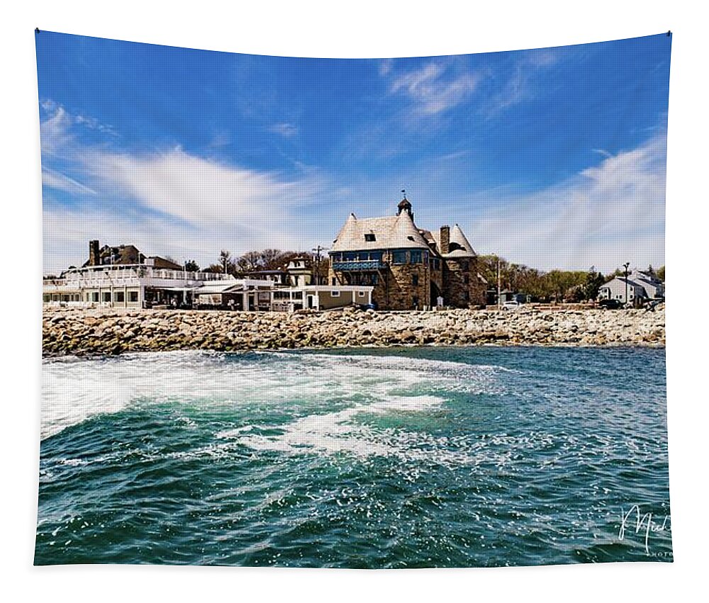 The Towers Tapestry featuring the photograph The Towers of Narragansett by Veterans Aerial Media LLC