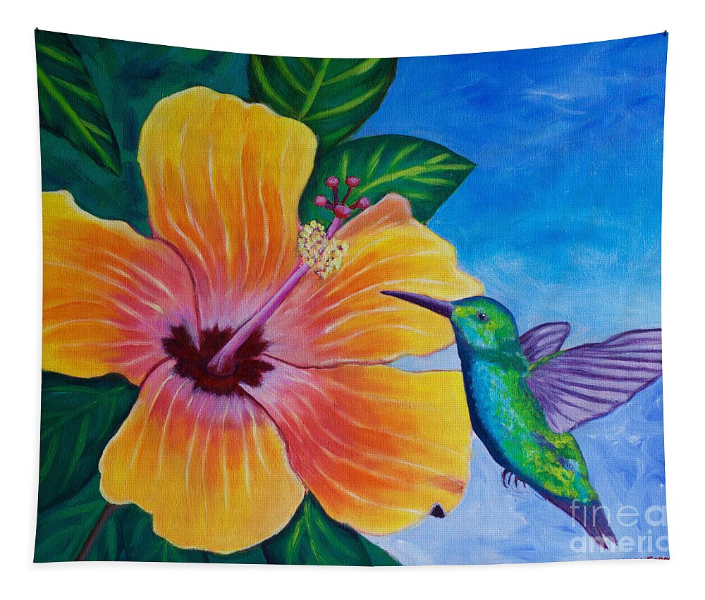 Hibiscus Flower Tapestry featuring the painting The Visitor by Laura Forde