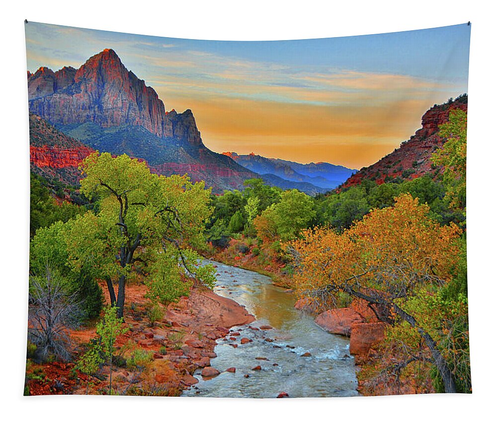 The Watchman And The Virgin River Tapestry featuring the photograph The Watchman and the Virgin River by Raymond Salani III