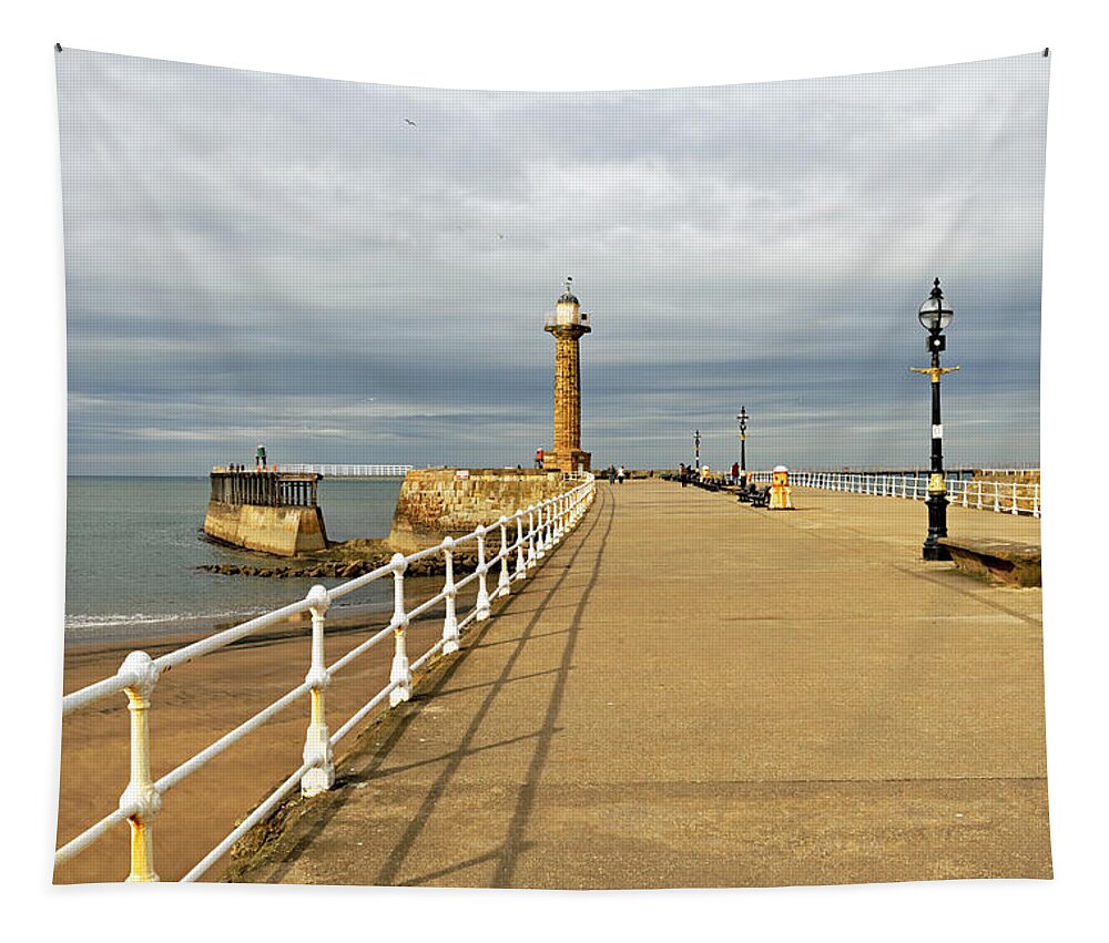 Britain Tapestry featuring the photograph The West Pier and Breakwater - Whitby by Rod Johnson