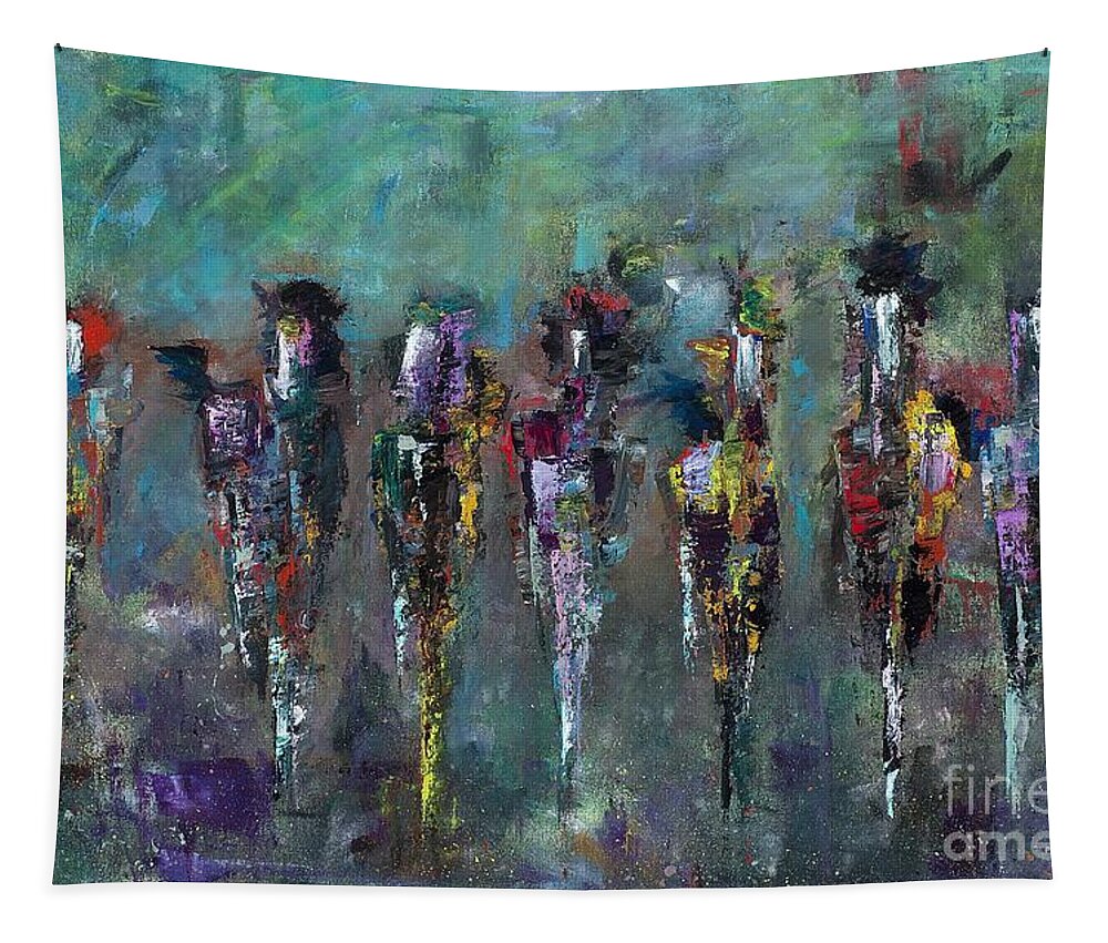 Abstract Art Tapestry featuring the painting Then Came Seven Horses by Frances Marino