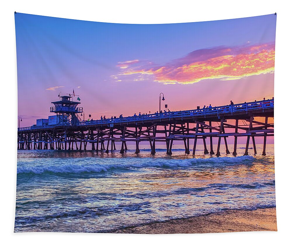 San Clemente Tapestry featuring the photograph There will be another one - San Clemente Pier Sunset by Scott Campbell