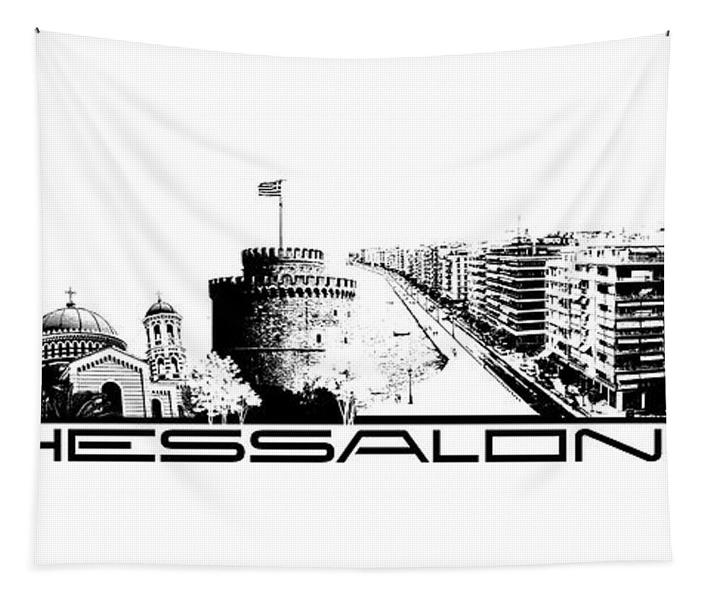 Thessaloniki Tapestry featuring the digital art Thessaloniki skyline city black by Justyna Jaszke JBJart