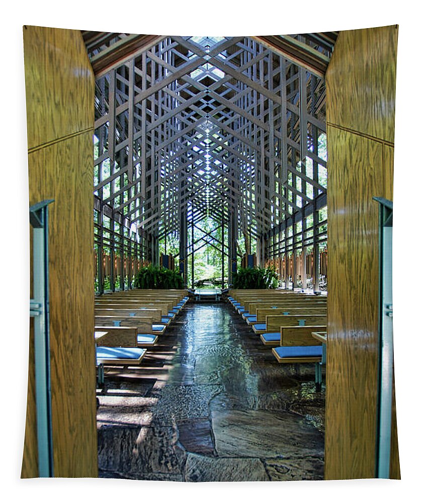 thorncrown Chapel Entrance Tapestry featuring the photograph Thorncrown Chapel Entrance by Cricket Hackmann