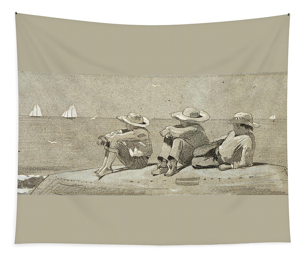 Winslow Homer Tapestry featuring the drawing Three Boys on a Beached Dory by Winslow Homer