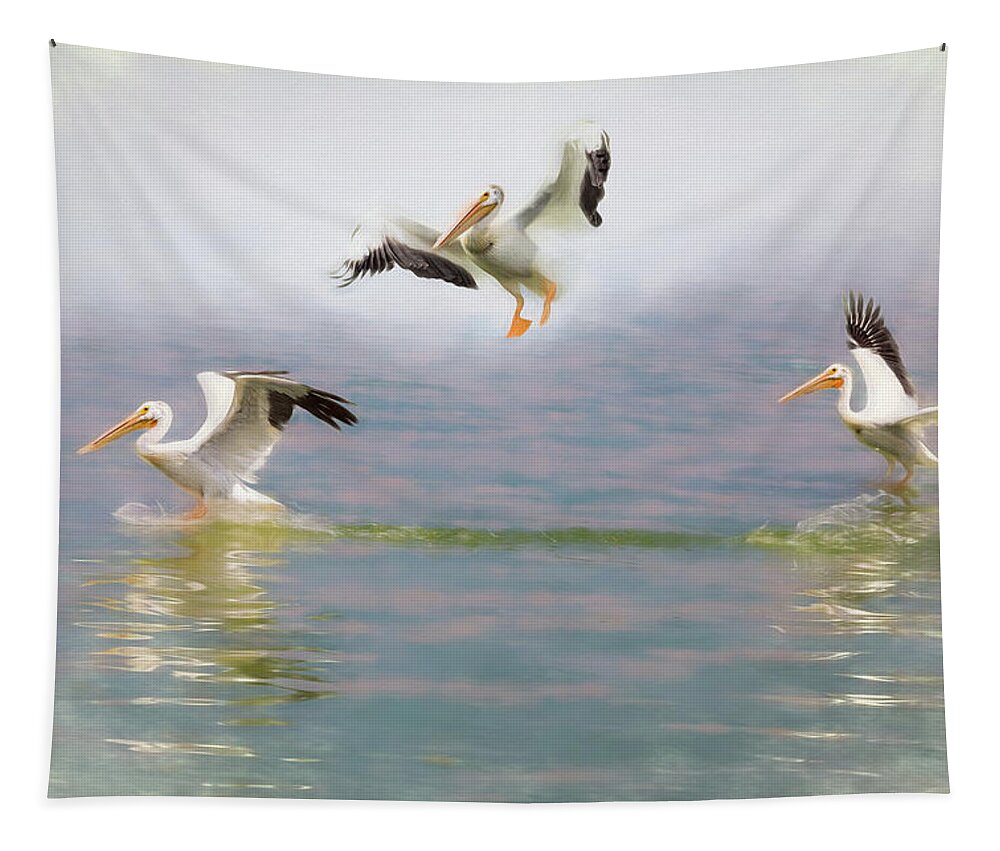 Water Tapestry featuring the photograph Three Pelicans by James BO Insogna