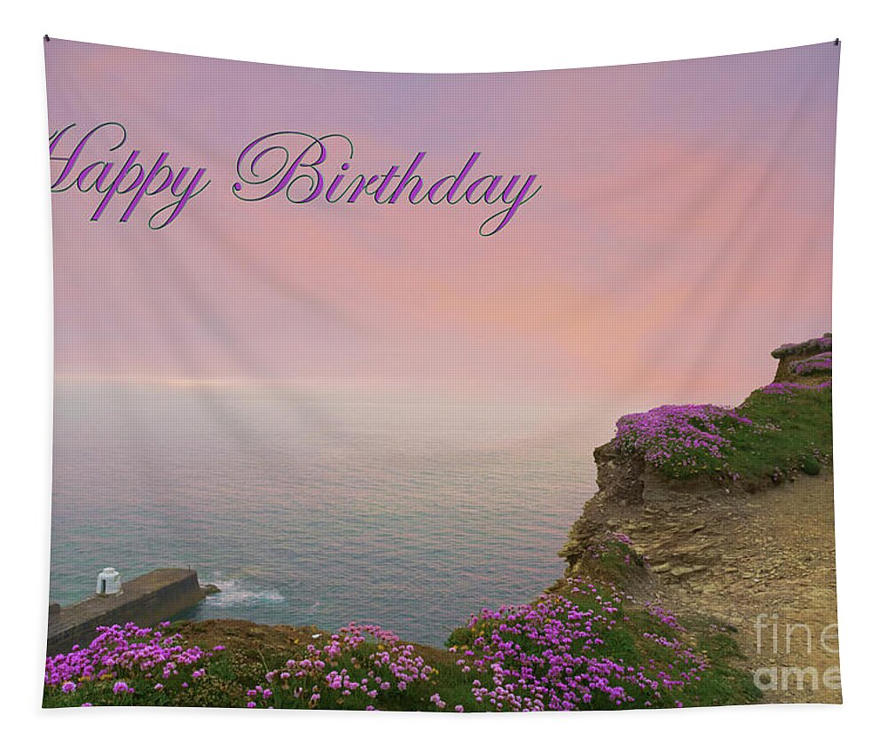 Sunset Tapestry featuring the photograph Thrift Flowers Portreath Cornwall Card by Terri Waters