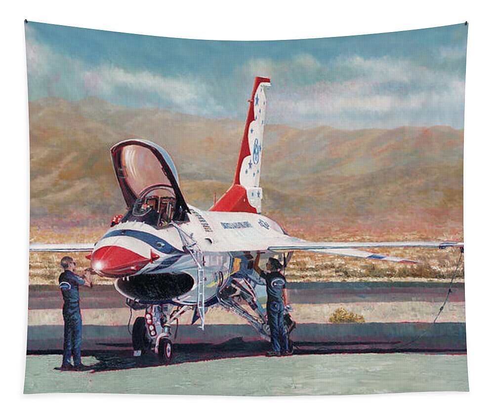 Aviation Tapestry featuring the painting Thunderbird Maintenance by Douglas Castleman