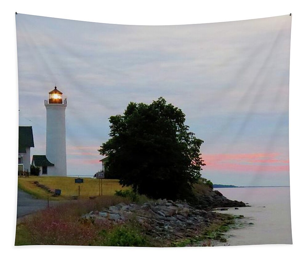 Cape Vincent Tapestry featuring the photograph Tibbetts Point Light Sunset by Dennis McCarthy