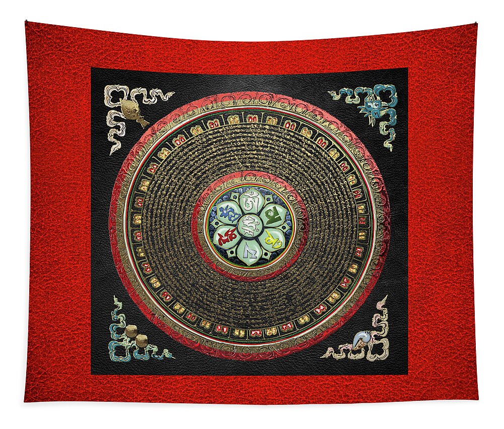 'treasures Of Tibet' Collection By Serge Averbukh Tapestry featuring the digital art Tibetan OM Mantra Mandala in Gold on Black and Red by Serge Averbukh