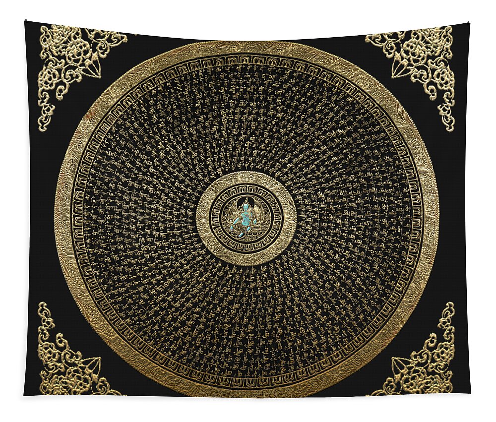 'treasures Of Tibet' Collection By Serge Averbukht Tapestry featuring the digital art Tibetan Thangka - Green Tara Goddess Mandala with Mantra in Gold on Black by Serge Averbukh