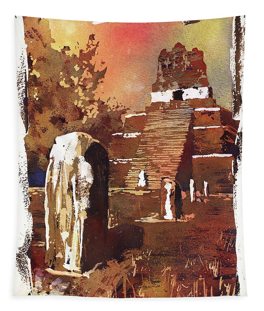 Archaeological Site Tapestry featuring the painting Tikal Mayan ruins- Guatemala by Ryan Fox