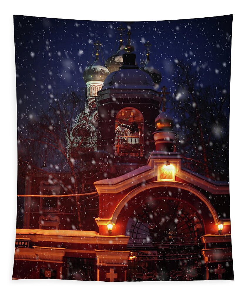 Jenny Rainbow Fine Art Photography Tapestry featuring the photograph Tikhvin Church Gates. Snowy Days in Moscow by Jenny Rainbow