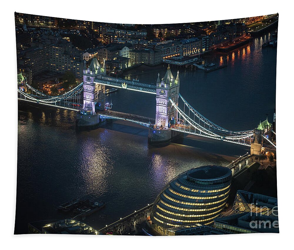Tower Bridge Tapestry featuring the photograph Tower Bridge at Night from the Shard by Mike Reid