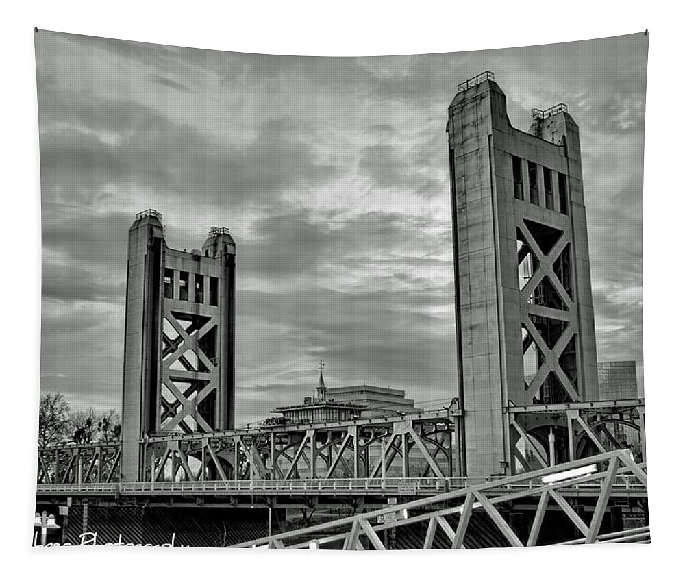 Sacramento Tapestry featuring the photograph Tower Bridge Sunrise Black and White by Randy Wehner