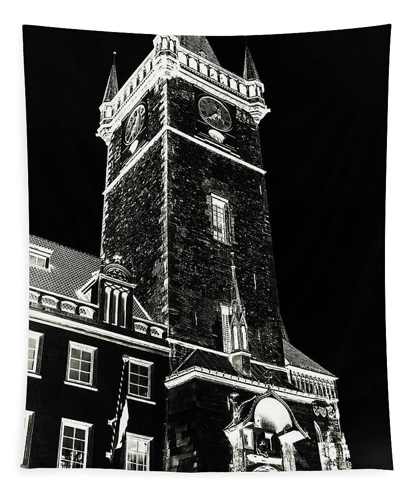 Jenny Rainbow Fine Art Photography Tapestry featuring the photograph Tower of Old Town Hall in Prague. Black by Jenny Rainbow