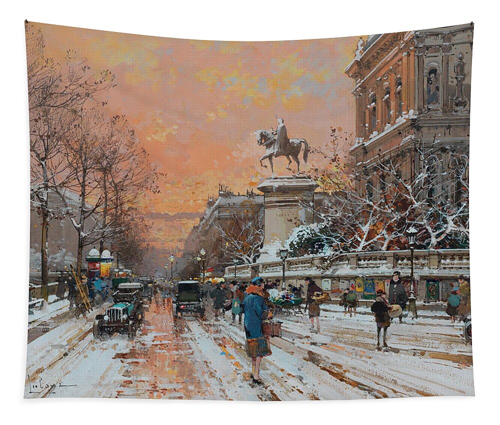 Town Hall Tapestry featuring the painting Town Hall under the snow by Eugene Galien-Laloue