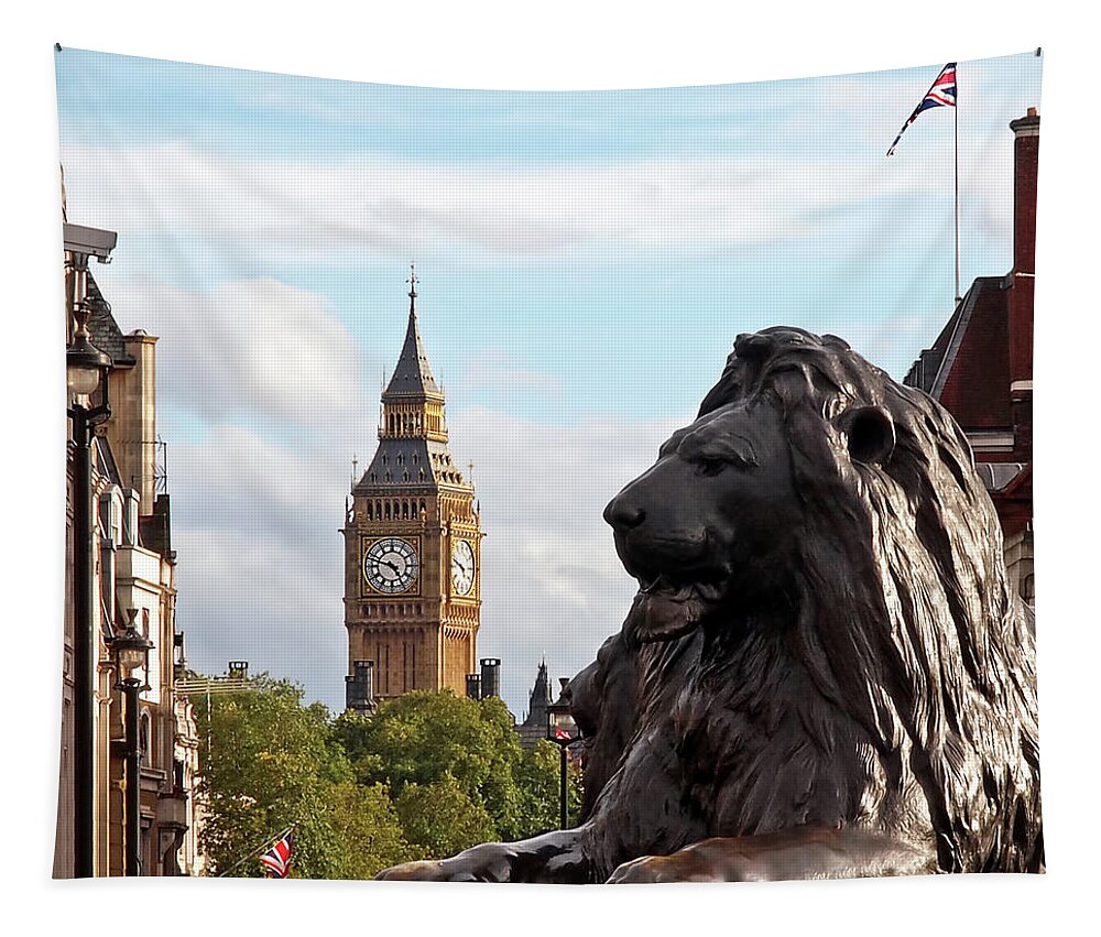 London Tapestry featuring the photograph Trafalgar Square Lion with Big Ben by Gill Billington