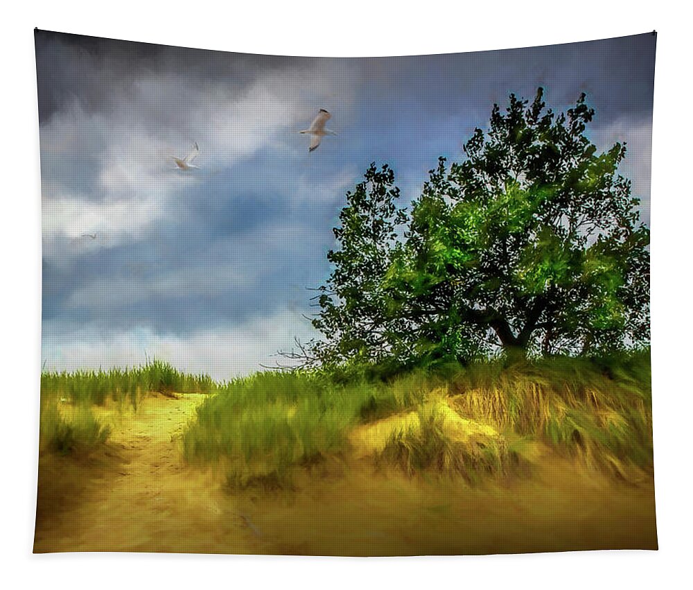 Art Tapestry featuring the photograph Trail through the dunes painterly version by Randall Nyhof