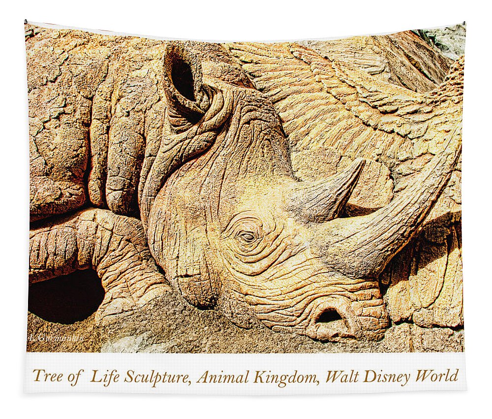 Rhinoceros Tapestry featuring the photograph Tree of Life Sculpture Rhinoceros, Animal Kingdom, Walt Disney W by A Macarthur Gurmankin