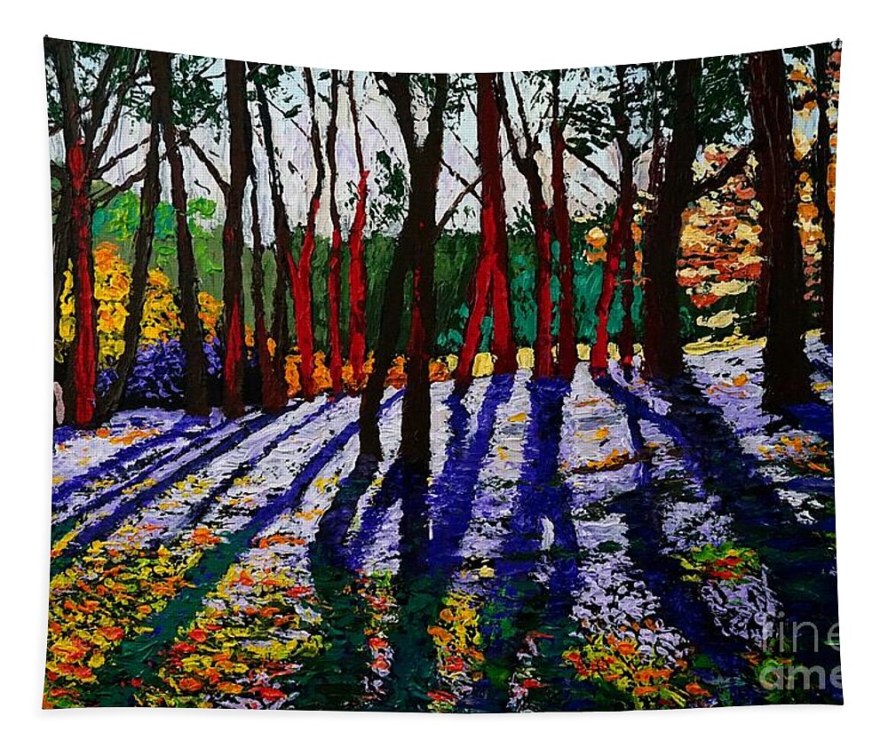 Impression Tapestry featuring the painting Trees in the forest by Christopher Shellhammer by Christopher Shellhammer