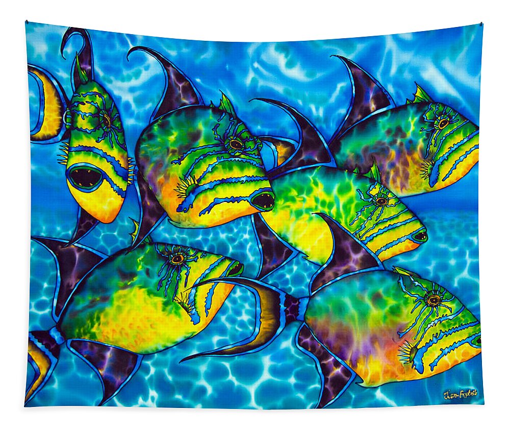 Diving Tapestry featuring the painting Trigger Fish - Caribbean Sea by Daniel Jean-Baptiste