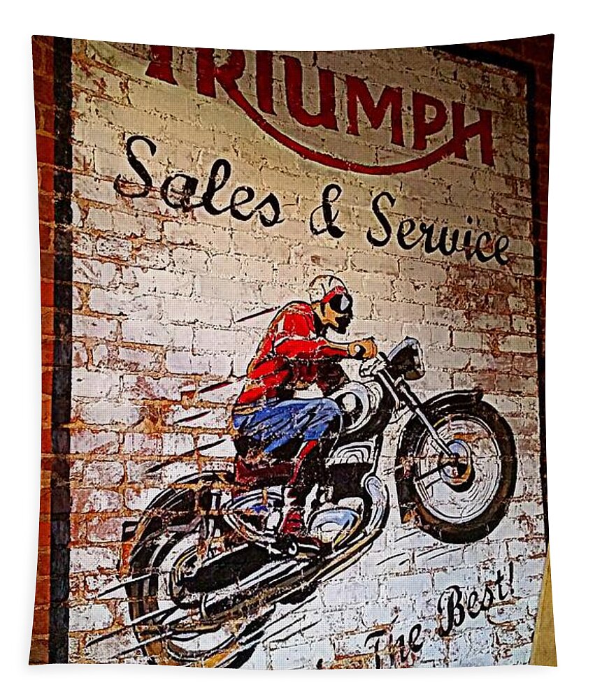 Motorcycle Tapestry featuring the photograph Triumph Sales and Services by Kathy Barney