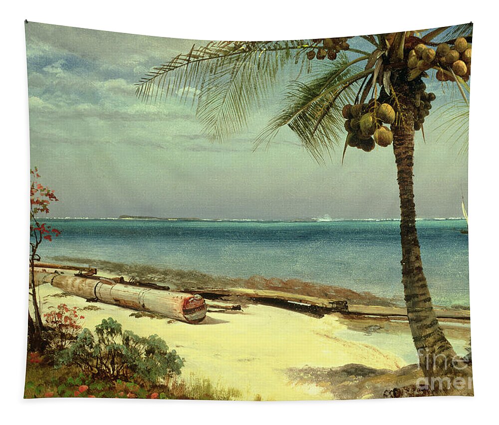 Shore; Exotic; Palm Tree; Coconut; Sand; Beach; Sailing Tapestry featuring the painting Tropical Coast by Albert Bierstadt