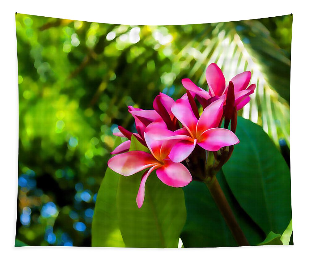 Tropical Impression Tapestry featuring the painting Tropical Impressions - Vivid Pink Plumeria Blossoms by Georgia Mizuleva