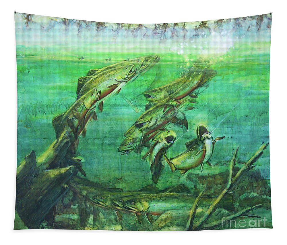 Fish Tapestry featuring the painting Fish On Trout Battle by Robert Corsetti