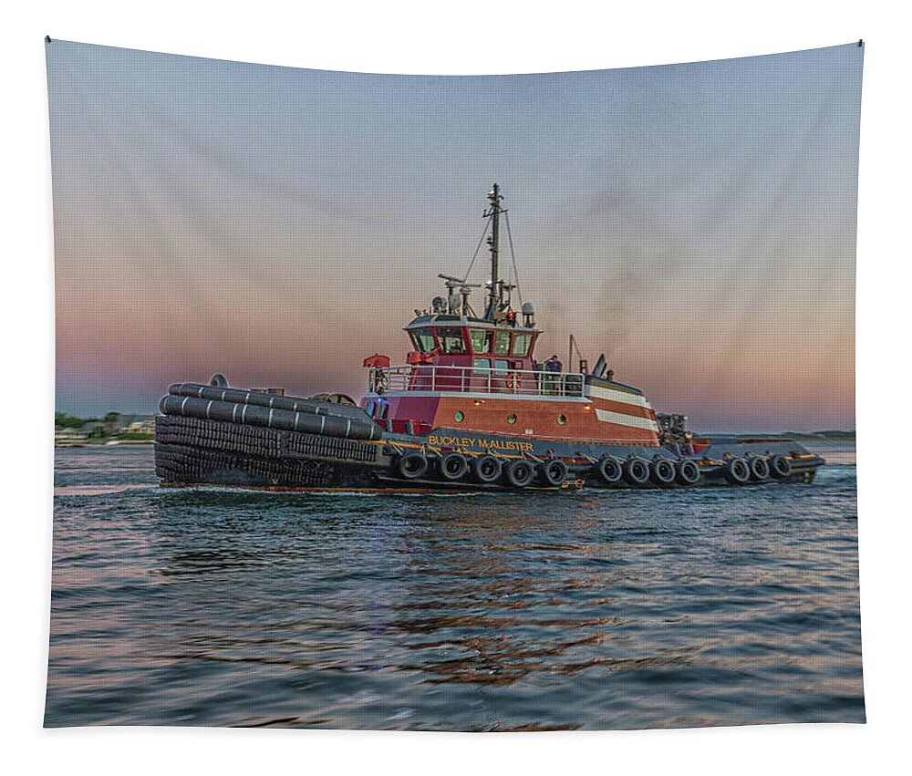 Tugboat Buckley Mcallister At Sunset Tapestry featuring the photograph Tugboat Buckley McAllister At Sunset by Brian MacLean