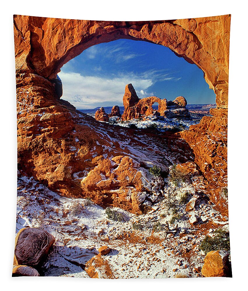 North America Tapestry featuring the photograph Turret Arch through North Window Arches National Park Utah by Dave Welling