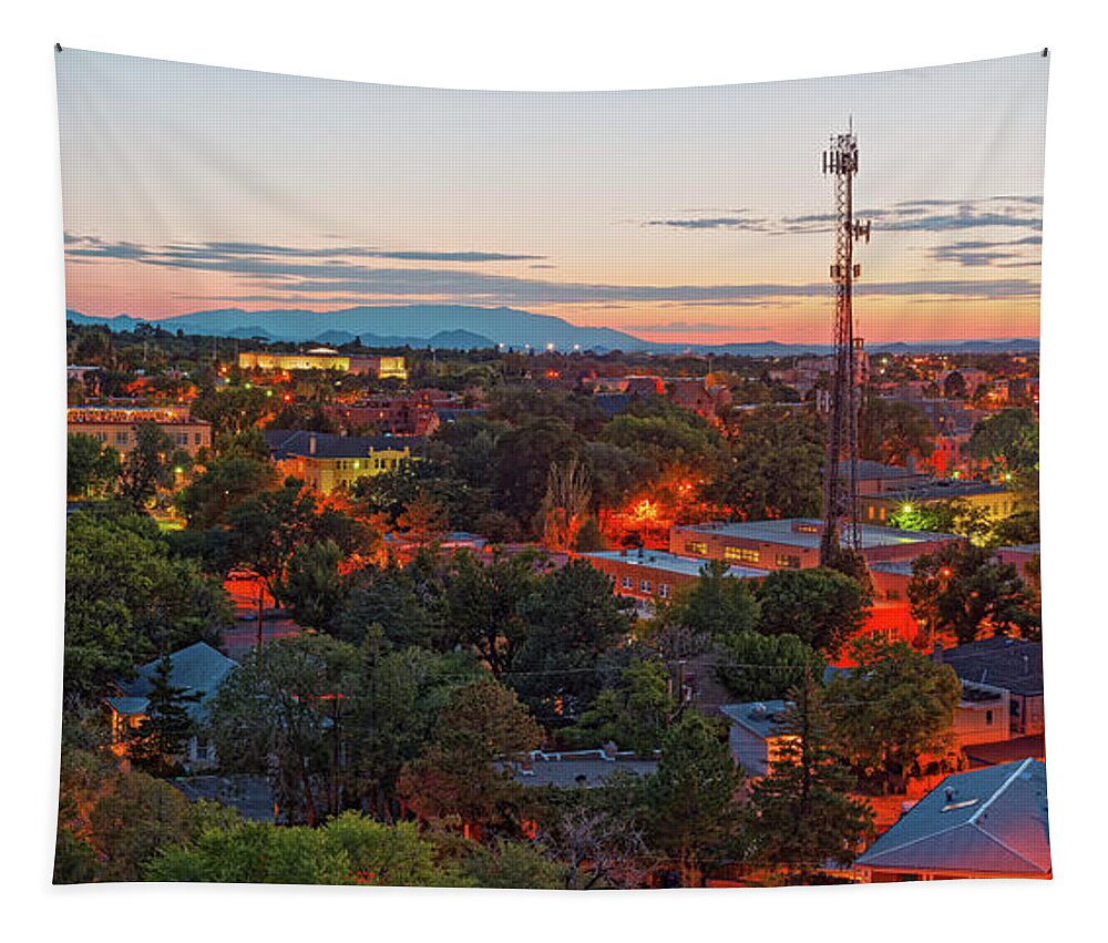 Santa Fe Tapestry featuring the photograph Twilight Panorama of Downtown Santa Fe from Cross of the Martyrs - New Mexico by Silvio Ligutti