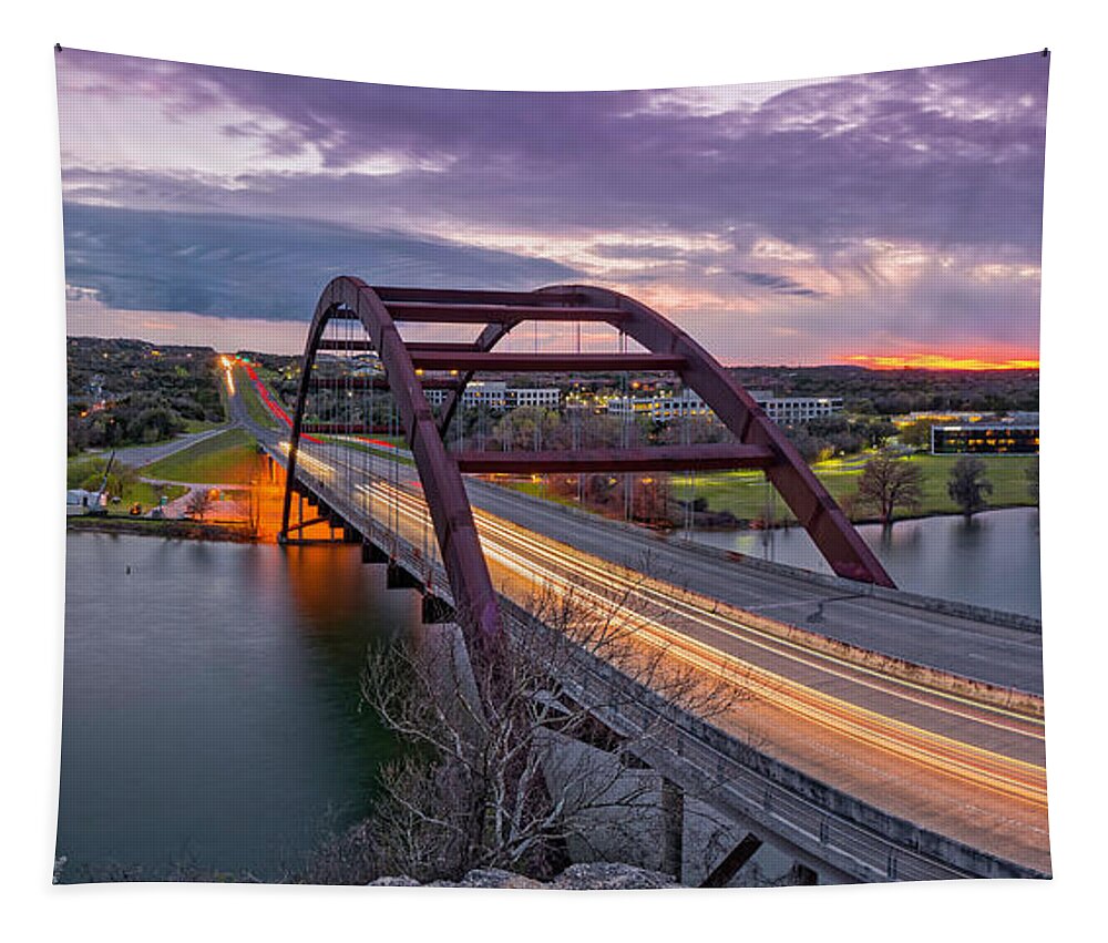 Percy Tapestry featuring the photograph Twilight Panorama of PennyBacker Bridge 360 over Lake Austin - Texas Hill Country by Silvio Ligutti