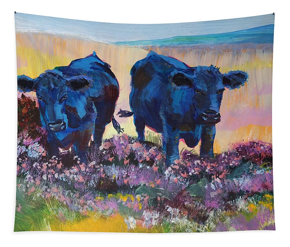 Black Cows On Dartmoor Tapestry featuring the painting Two Black Cows On Dartmoor by Mike Jory