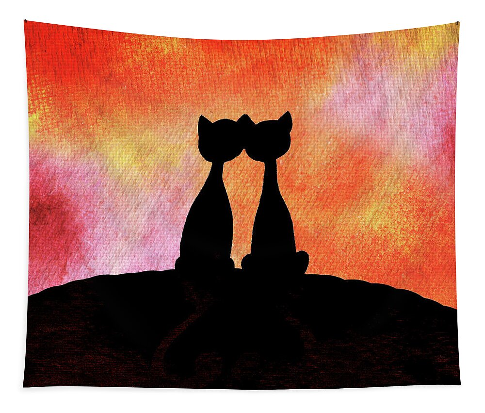 Cat Tapestry featuring the painting Two Cats And Sunset Silhouette by Irina Sztukowski