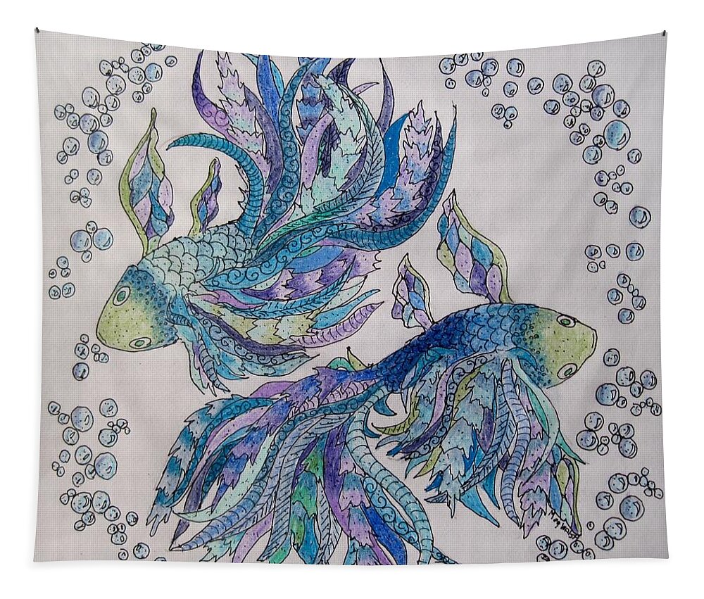 Fish Tapestry featuring the drawing Two fish tangled 2 by Megan Walsh