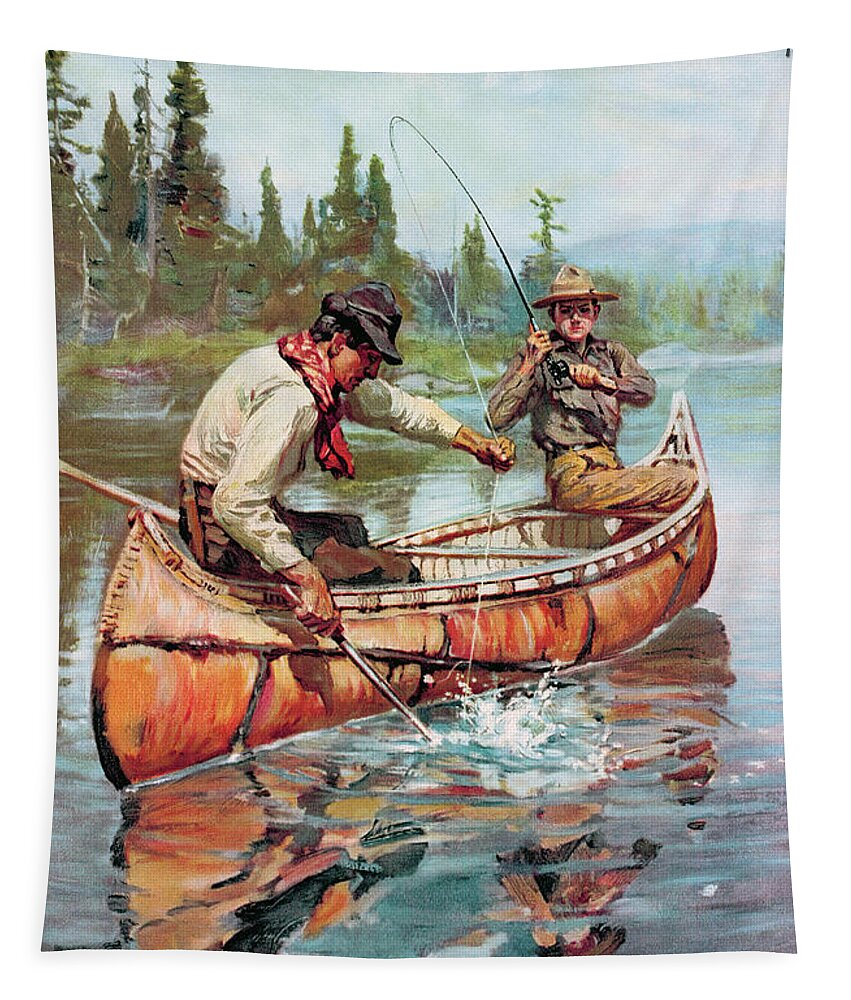 Outdoor Tapestry featuring the painting Two Fishermen In Canoe by Philip R Goodwin