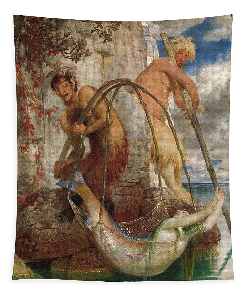 Arnold Boecklin Tapestry featuring the painting Two fishing Pan's by Arnold Boecklin