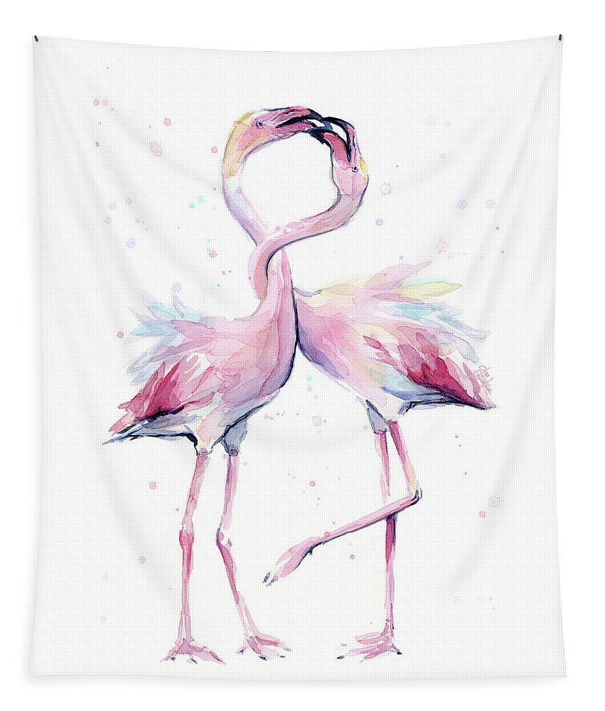 Flamingos Tapestry featuring the painting Two Flamingos Watercolor Famingo Love by Olga Shvartsur