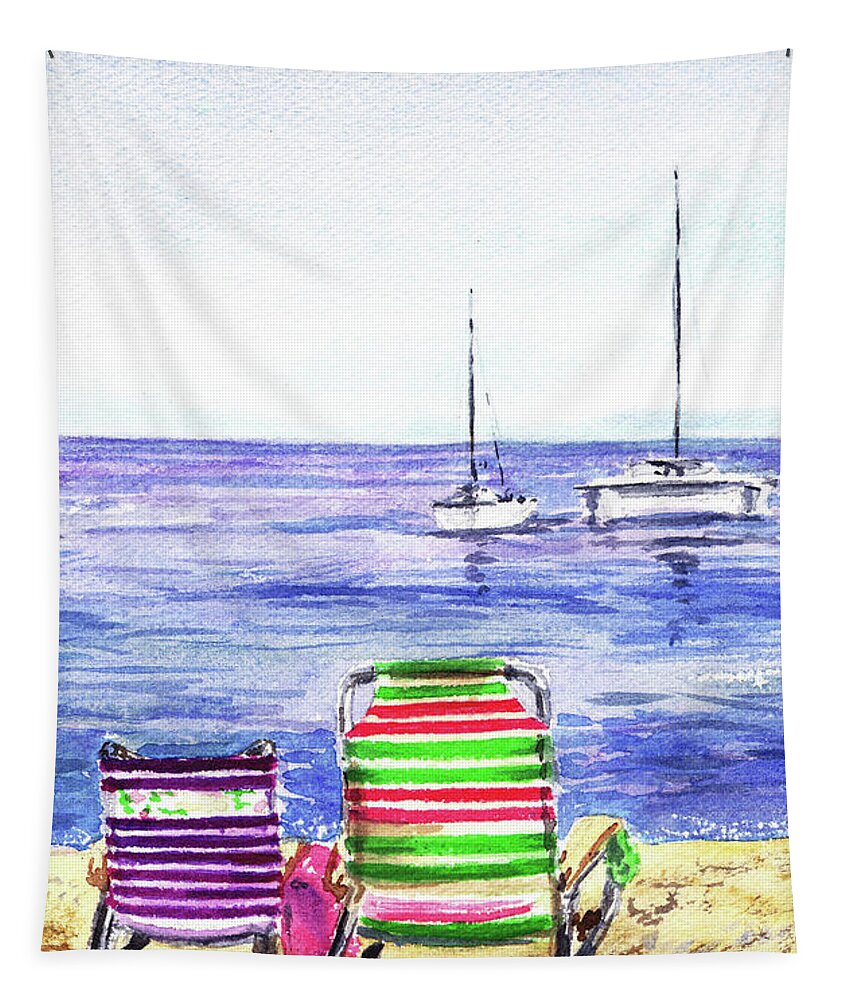 Beaches Tapestry featuring the painting Two Happy Chairs On The Beach by Irina Sztukowski