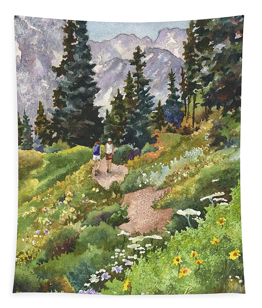 Colorado Hiking Trail Painting Tapestry featuring the painting Two Hikers by Anne Gifford