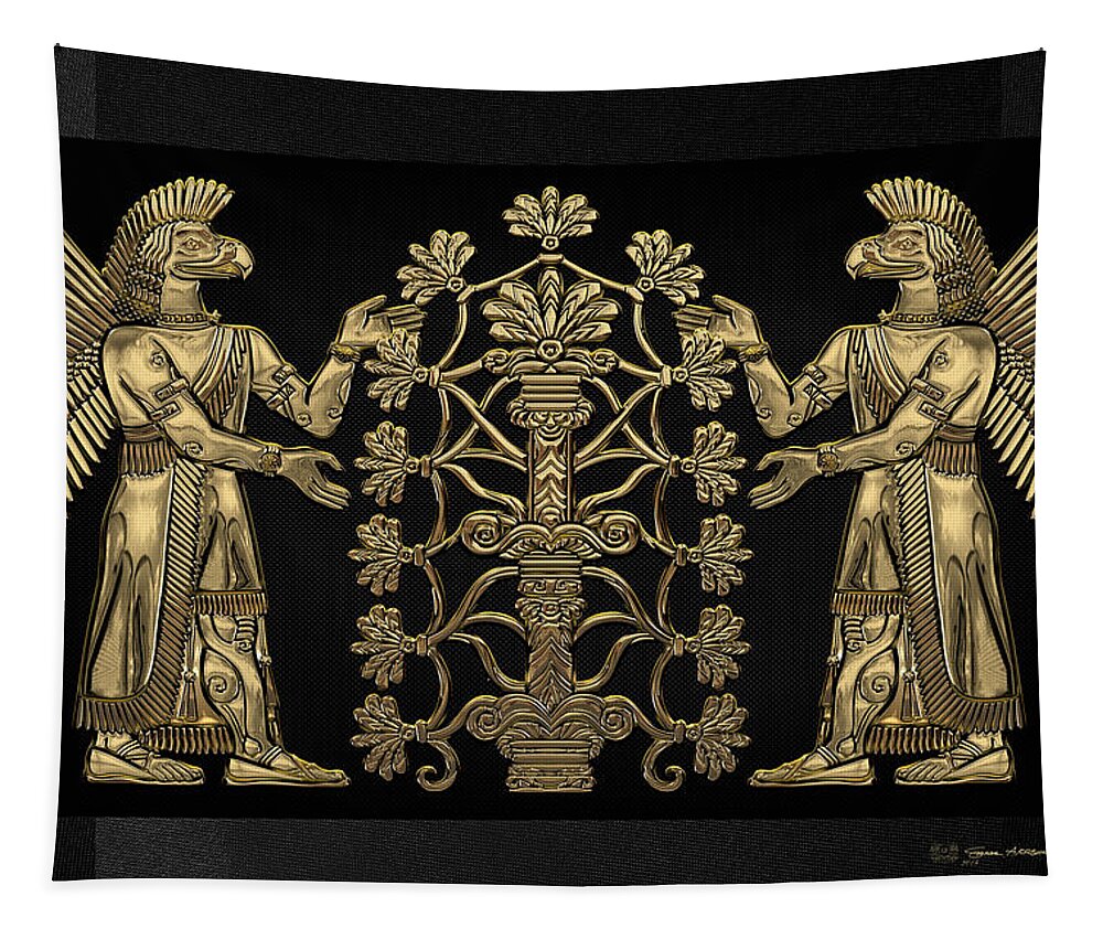 ‘treasures Of Mesopotamia’ Collection By Serge Averbukh Tapestry featuring the digital art Two Instances of Gold God Ninurta with Tree of Life over Black Canvas by Serge Averbukh