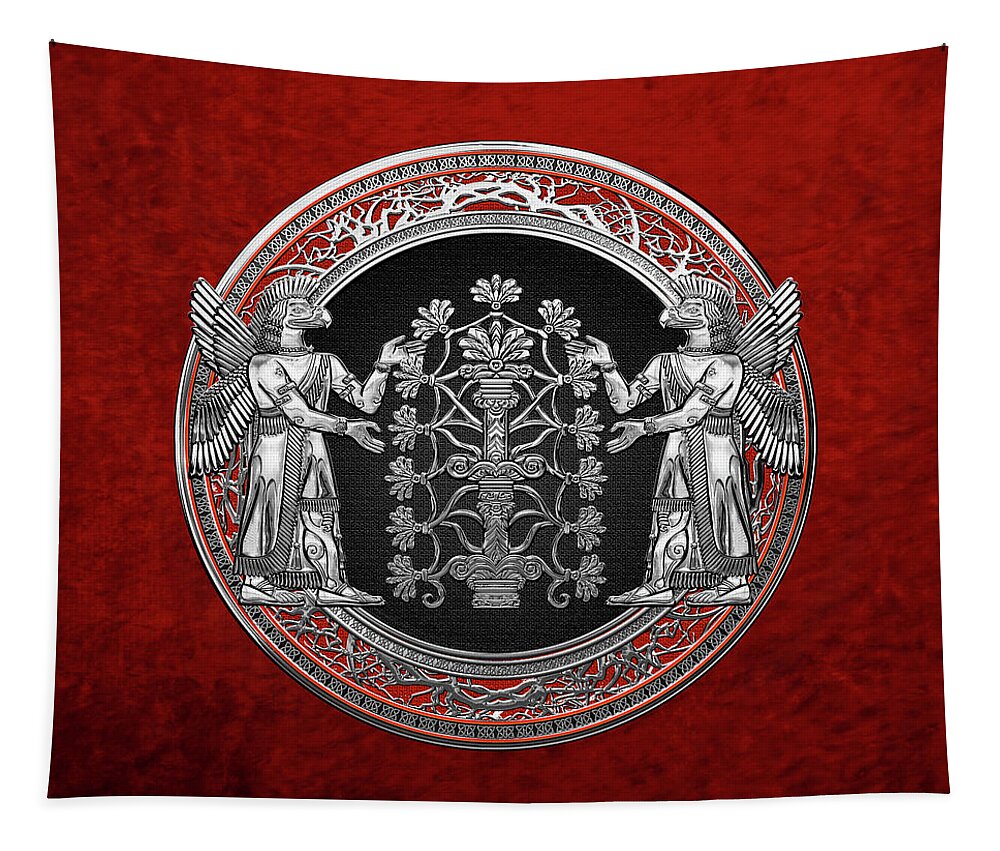 ‘treasures Of Mesopotamia’ Collection By Serge Averbukh Tapestry featuring the digital art Two Instances of Silver God Ninurta with Tree of Life over Red Velvet by Serge Averbukh
